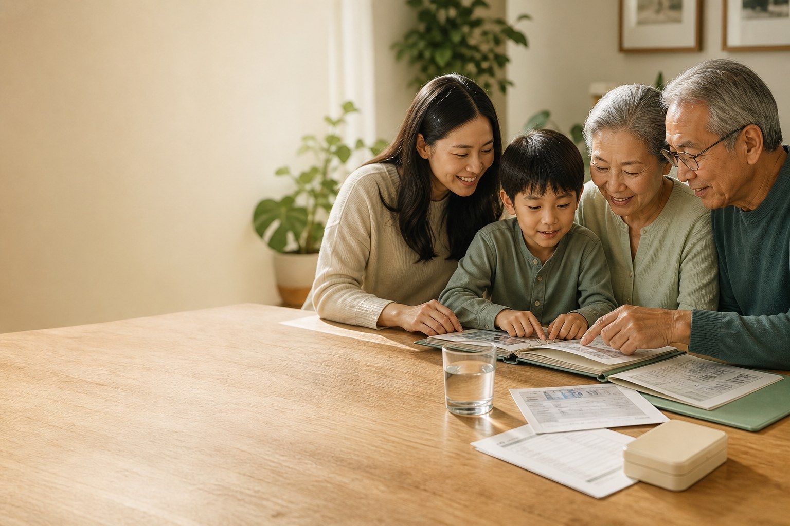 A family looking through health and family records together at home