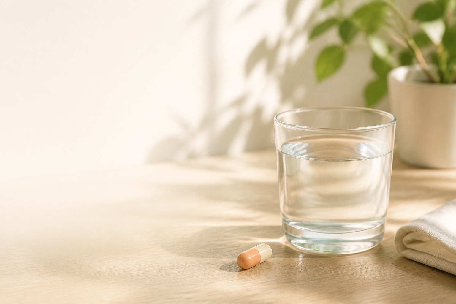 A glass of water and one capsule